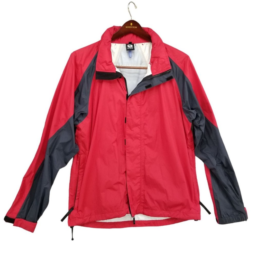 GROUND Jacket Mens Red Black Double Zip Hooded Long Sleeve Size M